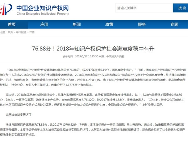 76.88分！2018年知識產權保護社會滿意度穩中有升