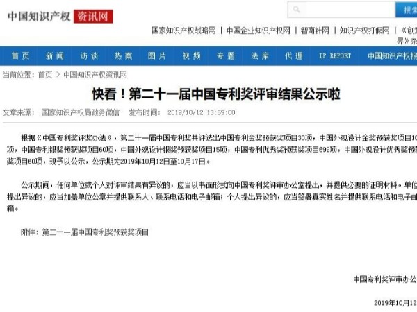 快看！第二十一屆中國專利獎評審結果公示啦