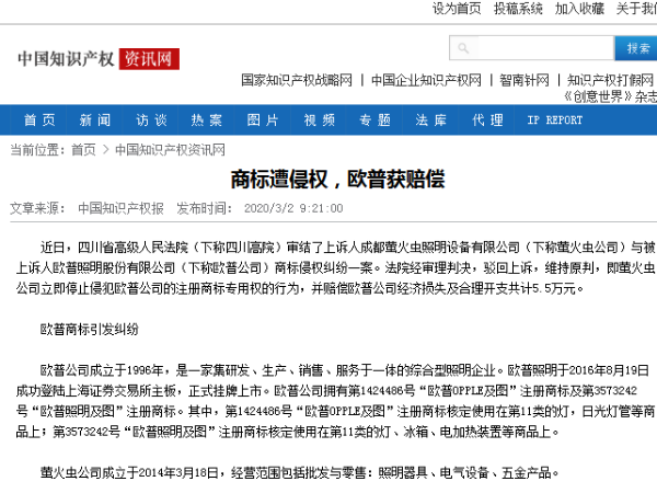 商標遭侵權，歐普獲賠償